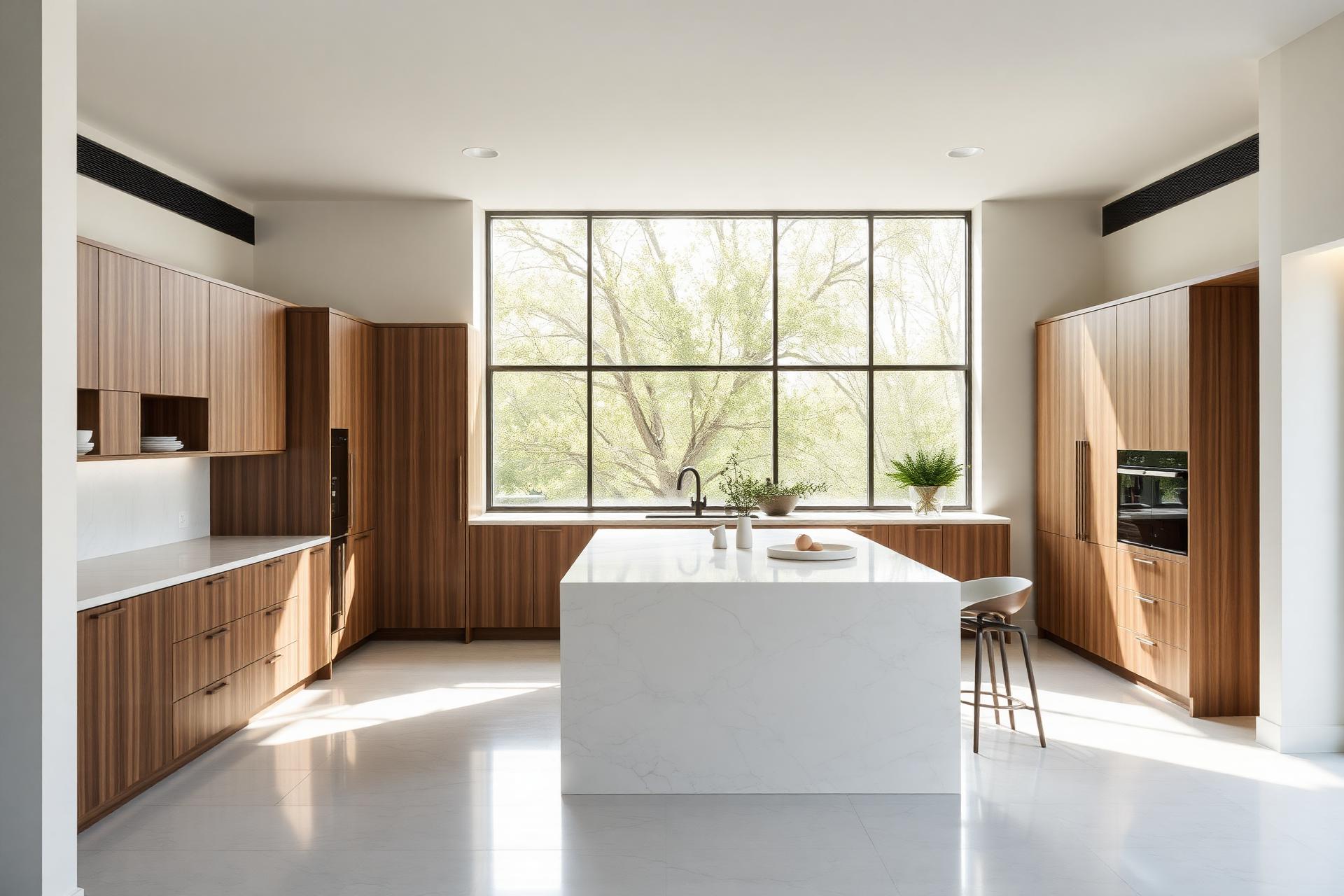 Cocina arquitectónica con isla de mármol y luz natural